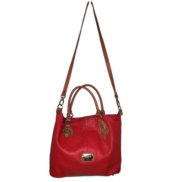 Valentina ITALY red pebble & camel Shoulder Tote Bag - Picture 2 of 8